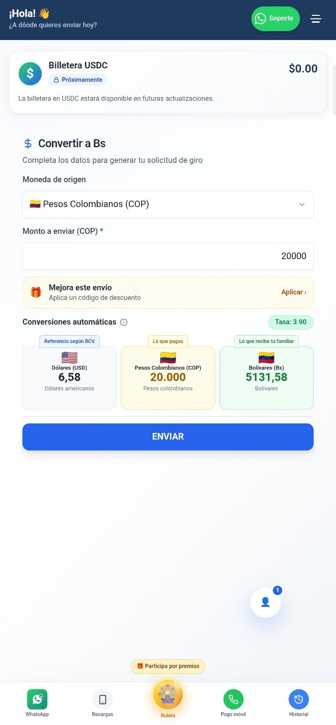 Pantalla de conversión de la aplicación Giro Expréss