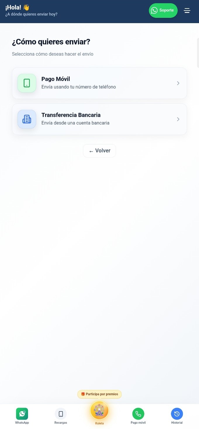 Pantalla de selección del método de envío de Giro Expréss