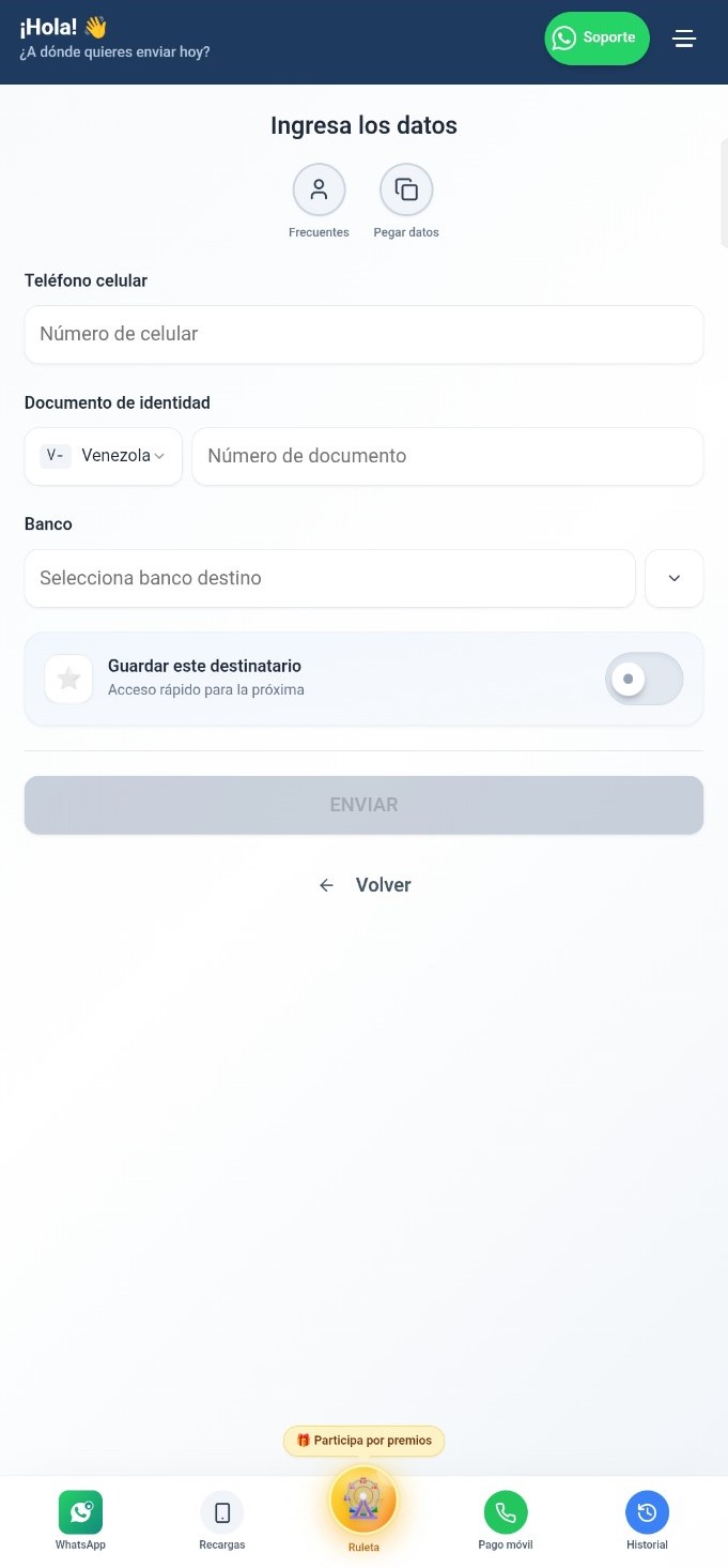 Pantalla de datos del destinatario de Giro Expréss