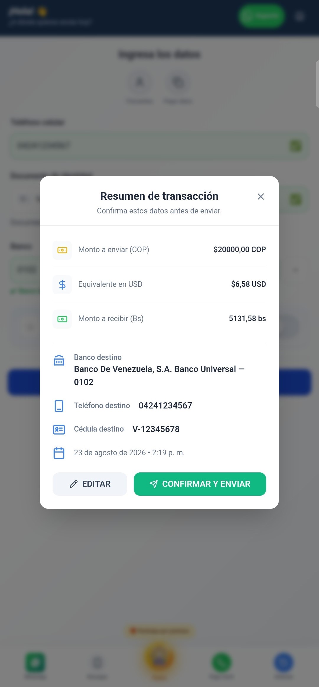 Resumen de transacción de la aplicación Giro Expréss