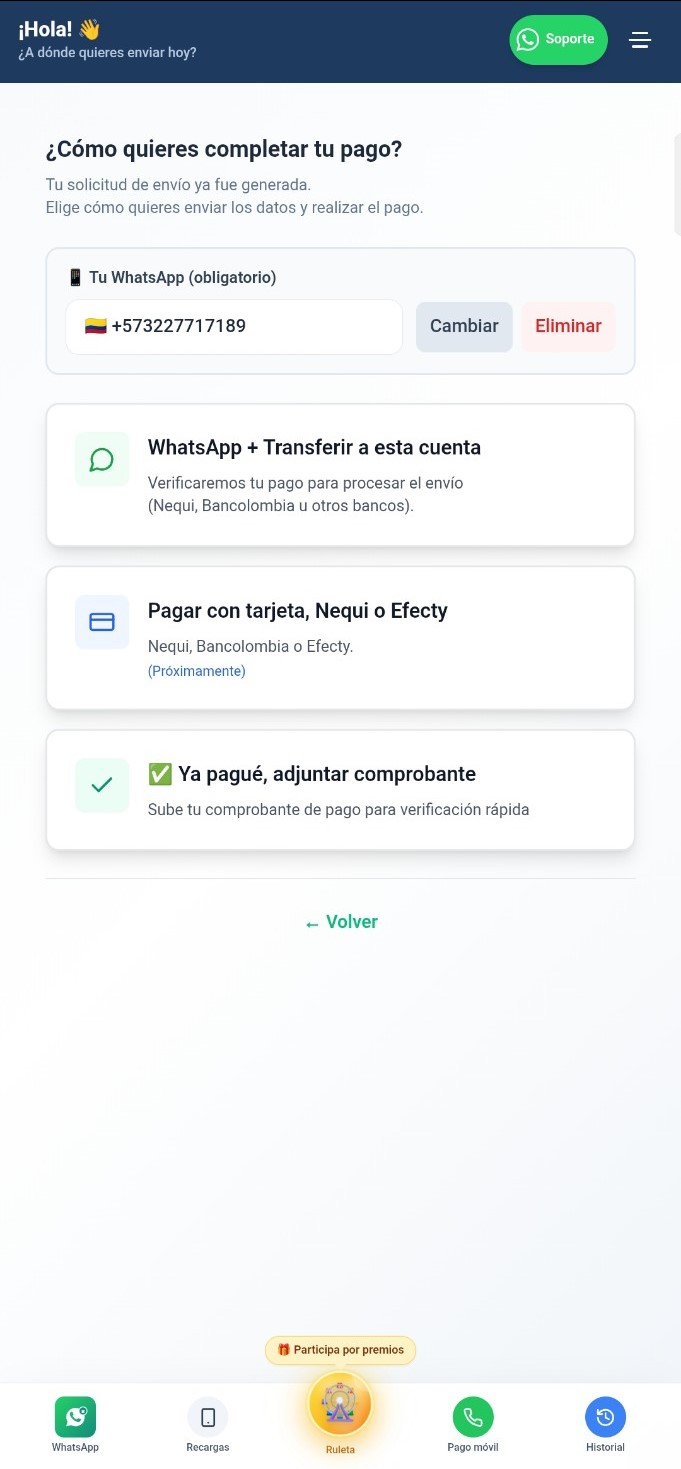 Pantalla de selección para completar el pago en Giro Expréss